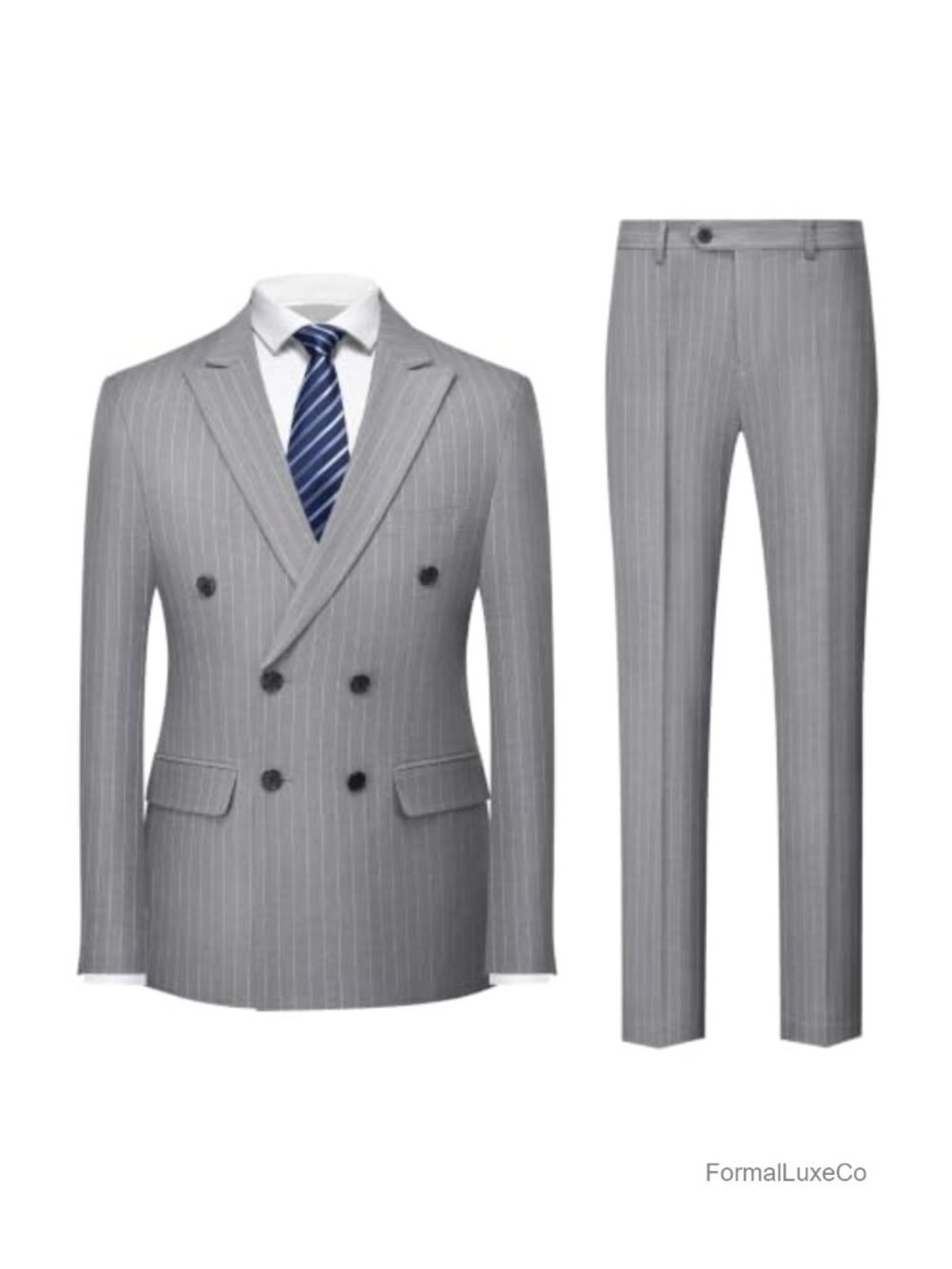 Men's Double Breasted Pinstripe Suit 2 Piece Slim Fit Tuxedo Set for Business